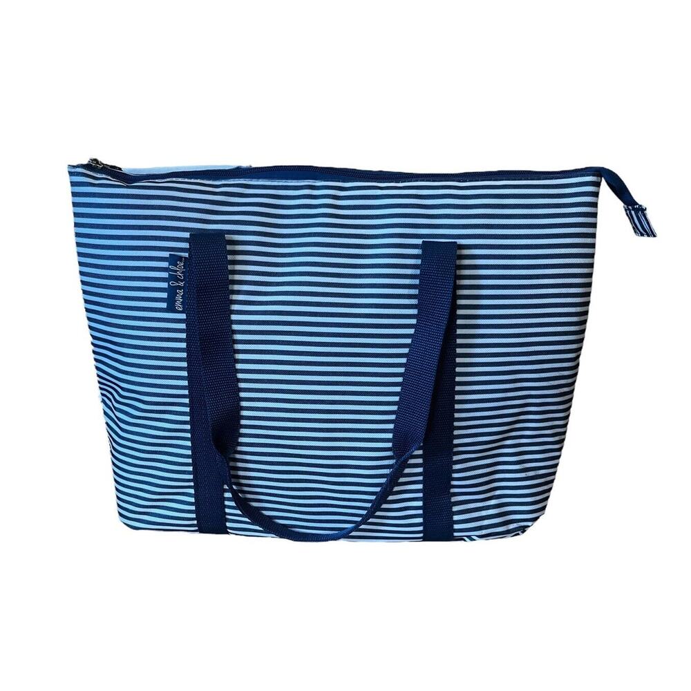 Emma & Chloe Cooler Bag Navy White Striped 18” Wide Zips Close EUC